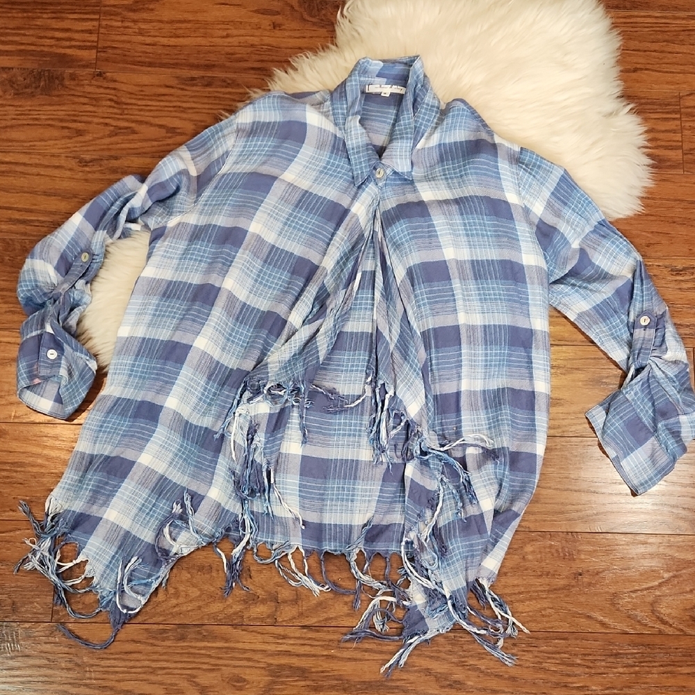 Willow & Clay Blue Plaid Fringe Cardigan